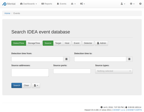 Prázdný formulář pro prohledávání databáze IDEA událostí